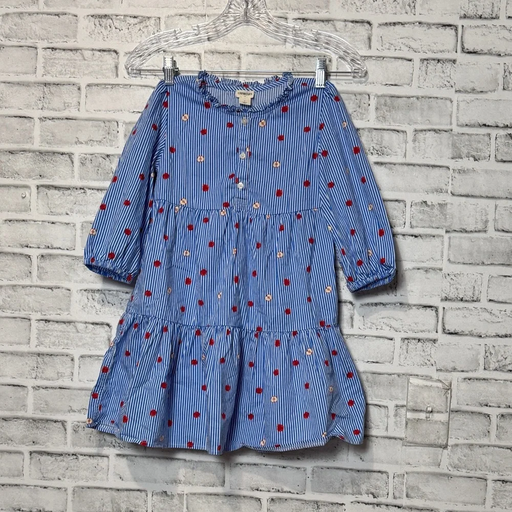 Crewcuts Blue Striped Kids Dress with‎ apple print ruffles and buttons size 7